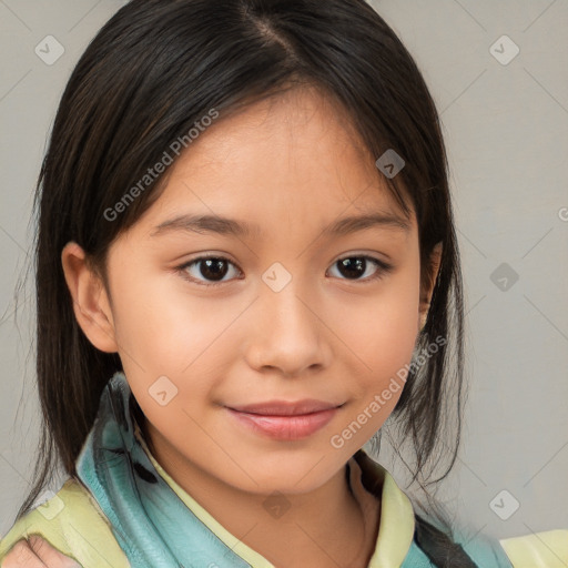 Joyful white child female with medium  brown hair and brown eyes