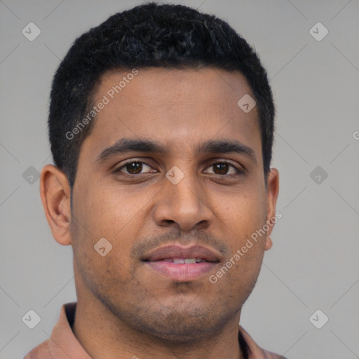 Neutral latino young-adult male with short  brown hair and brown eyes