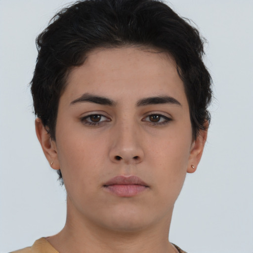 Neutral asian young-adult female with short  brown hair and brown eyes