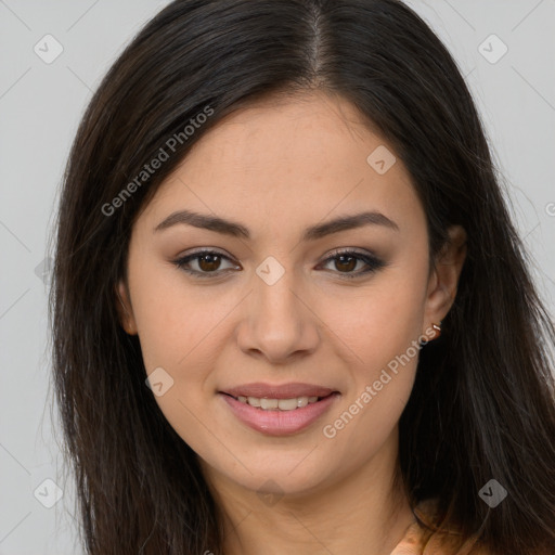 Joyful white young-adult female with long  brown hair and brown eyes