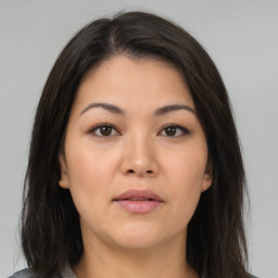 Neutral asian young-adult female with medium  brown hair and brown eyes