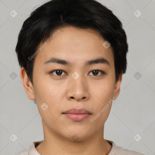 Neutral asian young-adult male with short  black hair and brown eyes