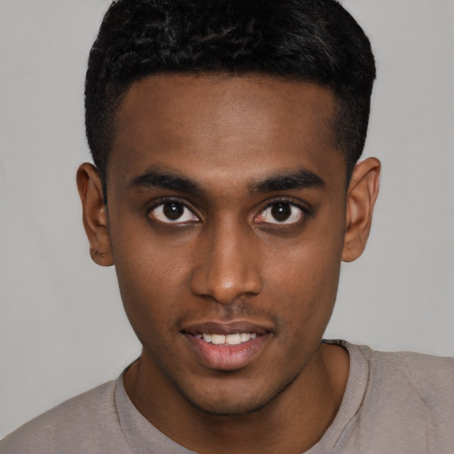 Neutral black young-adult male with short  black hair and brown eyes