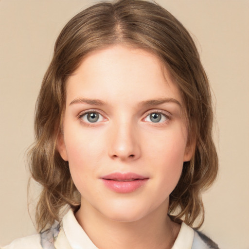 Neutral white young-adult female with medium  brown hair and green eyes