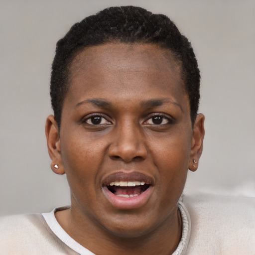Joyful black young-adult female with short  brown hair and brown eyes