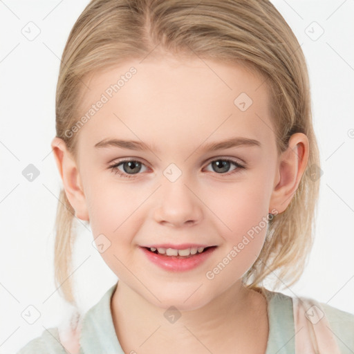 Joyful white child female with medium  brown hair and brown eyes