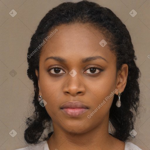Neutral black young-adult female with medium  black hair and brown eyes