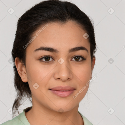 Joyful latino young-adult female with medium  brown hair and brown eyes