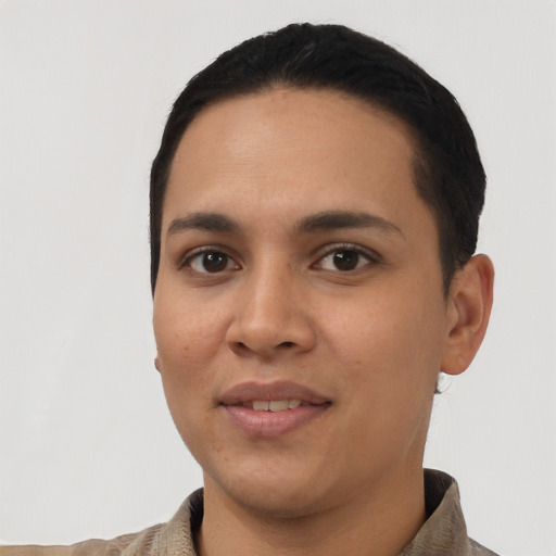 Joyful asian young-adult female with short  black hair and brown eyes