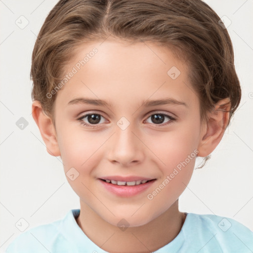 Joyful white child female with short  brown hair and brown eyes