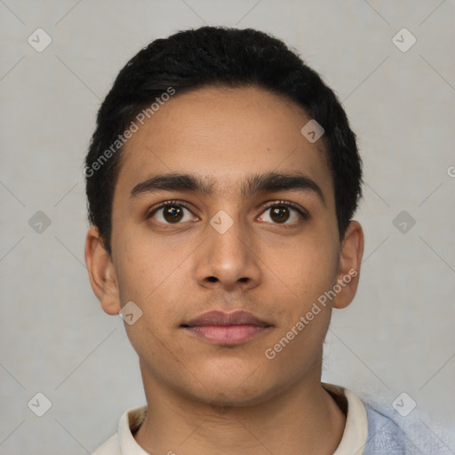 Neutral latino young-adult male with short  black hair and brown eyes