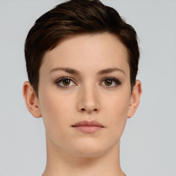 Neutral white young-adult female with short  brown hair and brown eyes