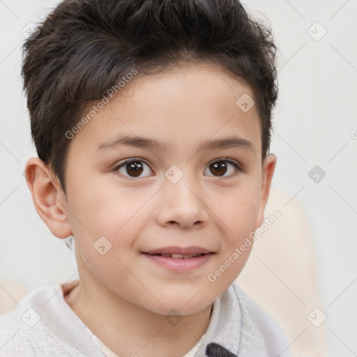 Joyful white child female with short  brown hair and brown eyes