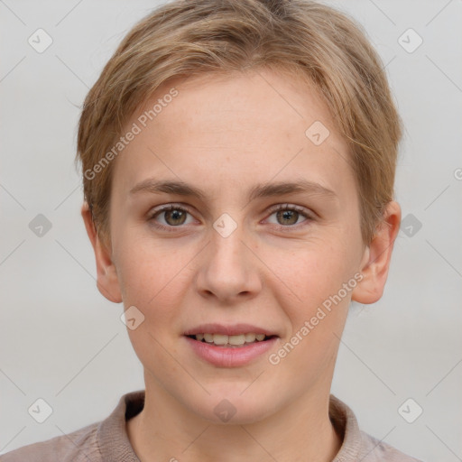 Joyful white young-adult female with short  brown hair and grey eyes