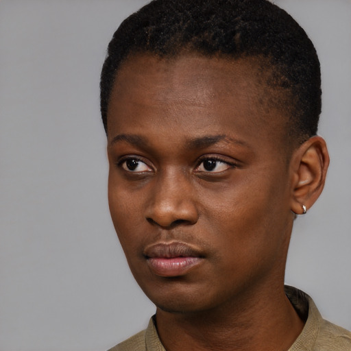 Neutral black young-adult female with short  black hair and brown eyes