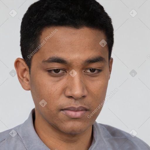 Neutral white young-adult male with short  black hair and brown eyes