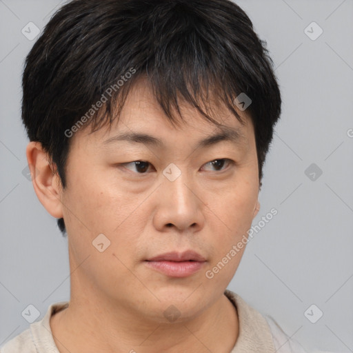 Neutral asian young-adult female with short  brown hair and brown eyes