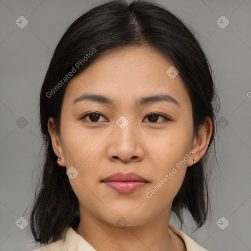 Neutral asian young-adult female with medium  brown hair and brown eyes