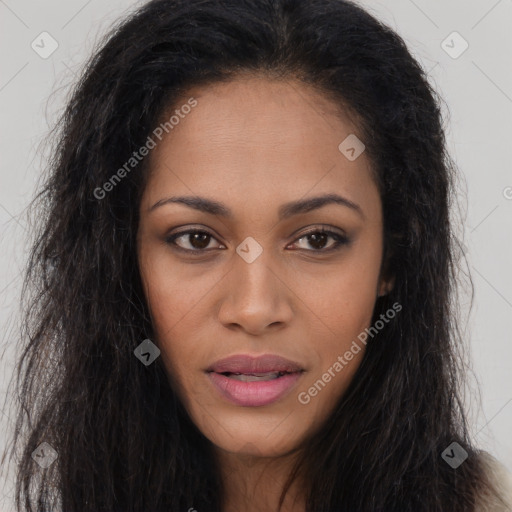 Joyful latino young-adult female with long  brown hair and brown eyes