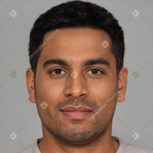 Neutral latino young-adult male with short  black hair and brown eyes