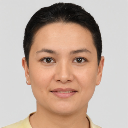 Joyful white young-adult female with short  brown hair and brown eyes