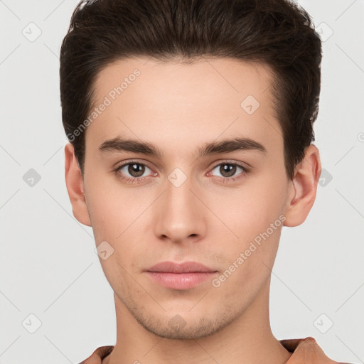 Neutral white young-adult male with short  brown hair and brown eyes