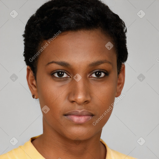 Neutral black young-adult female with short  black hair and brown eyes