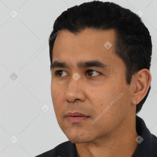 Neutral asian young-adult male with short  black hair and brown eyes