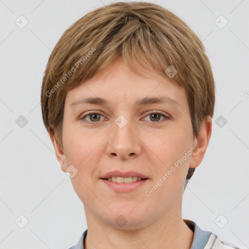 Joyful white young-adult female with short  brown hair and grey eyes