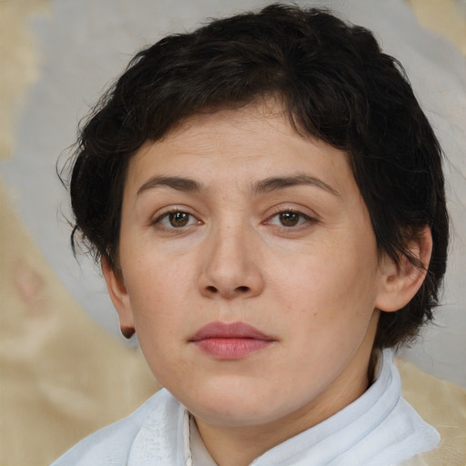 Neutral white young-adult female with medium  brown hair and brown eyes