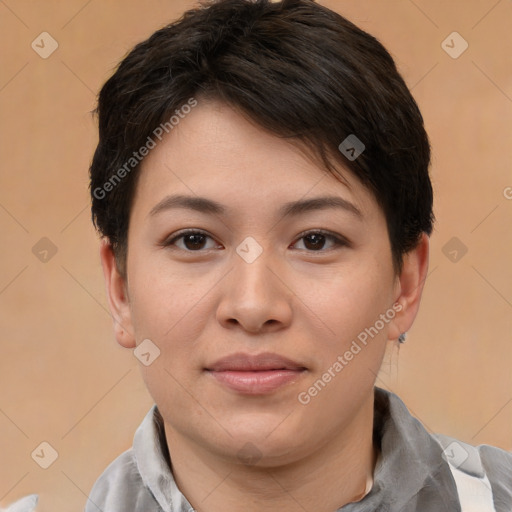 Joyful asian young-adult female with short  brown hair and brown eyes