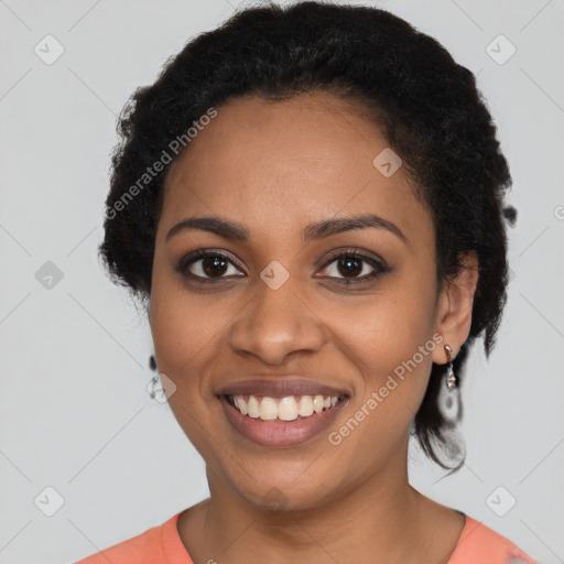 Joyful latino young-adult female with short  black hair and brown eyes