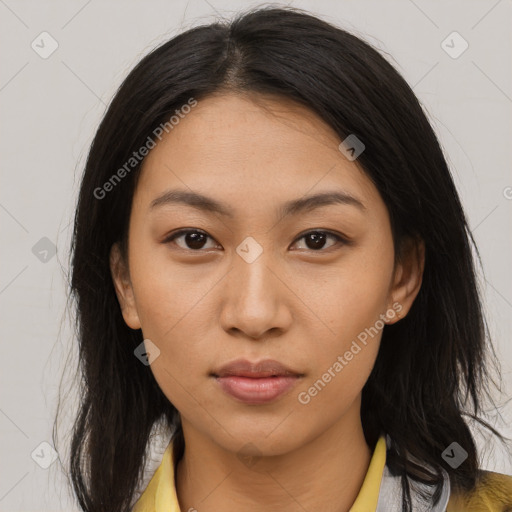 Neutral asian young-adult female with medium  brown hair and brown eyes