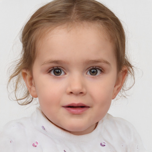 Neutral white child female with medium  brown hair and blue eyes