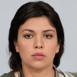 Neutral asian young-adult female with medium  brown hair and brown eyes