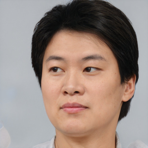 Joyful asian young-adult male with medium  brown hair and brown eyes