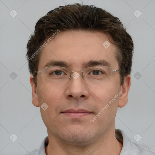 Neutral white adult male with short  brown hair and brown eyes