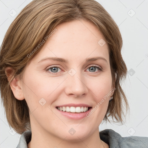 Joyful white young-adult female with medium  brown hair and blue eyes