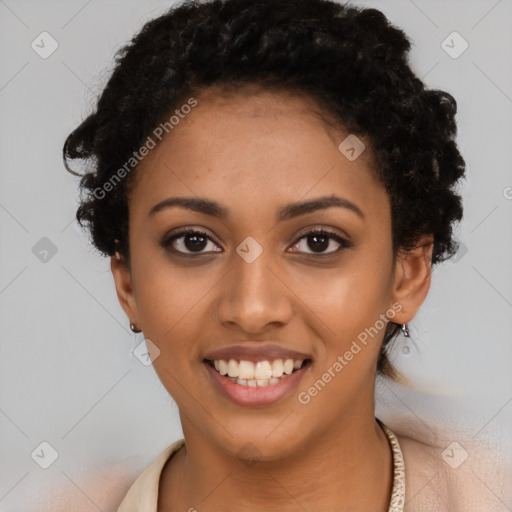 Joyful latino young-adult female with short  black hair and brown eyes