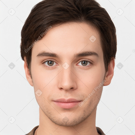 Neutral white young-adult male with short  brown hair and brown eyes