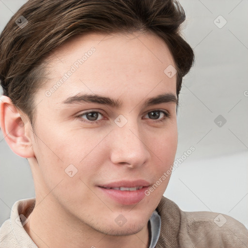 Neutral white young-adult male with short  brown hair and grey eyes