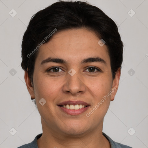 Joyful white young-adult female with short  brown hair and brown eyes