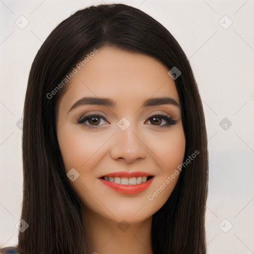 Joyful latino young-adult female with long  brown hair and brown eyes