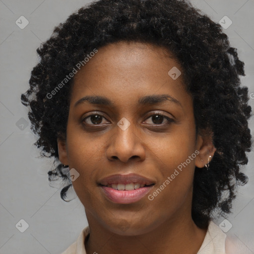 Joyful black young-adult female with medium  black hair and brown eyes