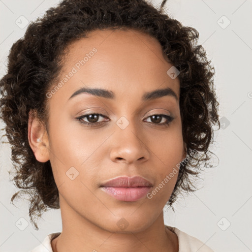 Neutral latino young-adult female with medium  brown hair and brown eyes