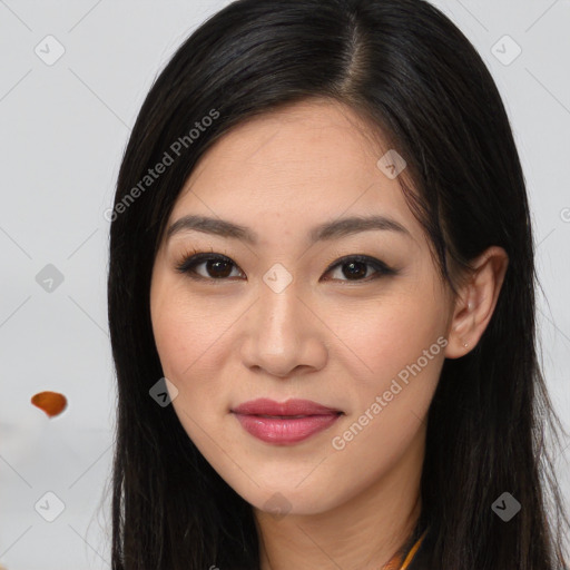 Joyful asian young-adult female with long  brown hair and brown eyes