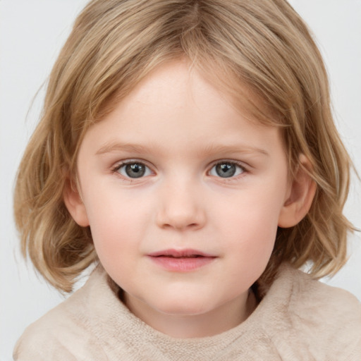 Neutral white child female with medium  brown hair and grey eyes