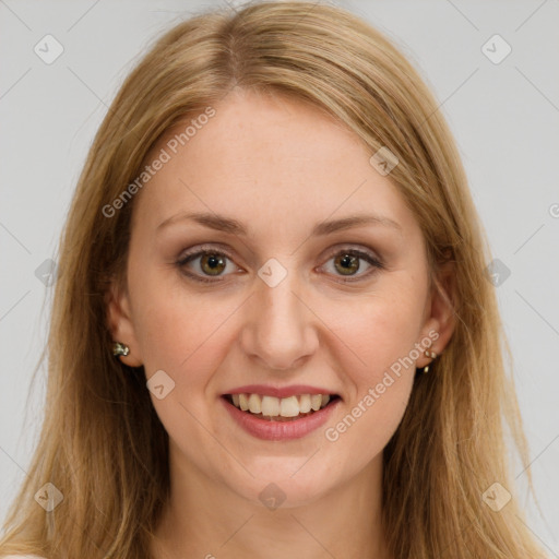 Joyful white young-adult female with long  brown hair and brown eyes