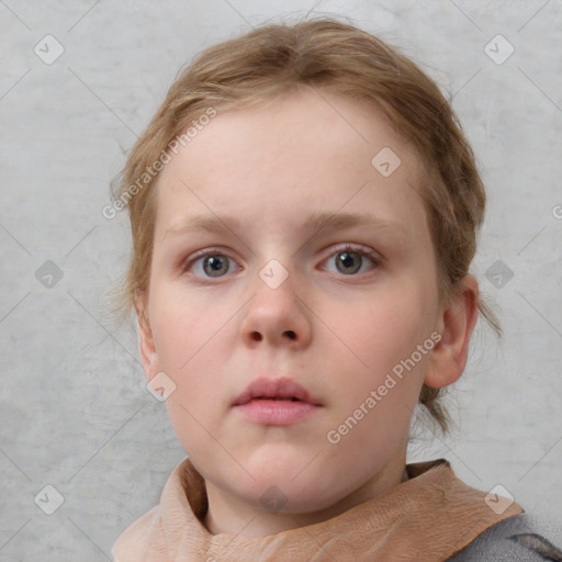 Neutral white child female with medium  brown hair and blue eyes