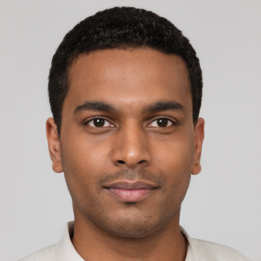 Neutral black young-adult male with short  black hair and brown eyes